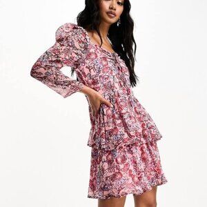 NWT French Connection Puff Long Sleeves Tiered Sheer Mini Dress Floral Pink XS